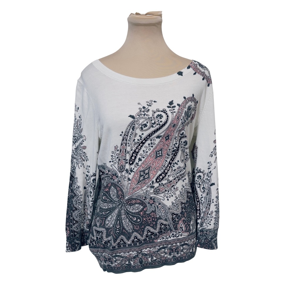 Talbots White Pink Paisley Print Knit Sweater Size‎ M Boat Neck Preppy Floral